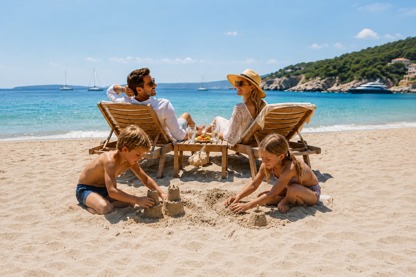 Familie genießt entspannt den Strand auf Mallorca dank Patchman Mallorca Service